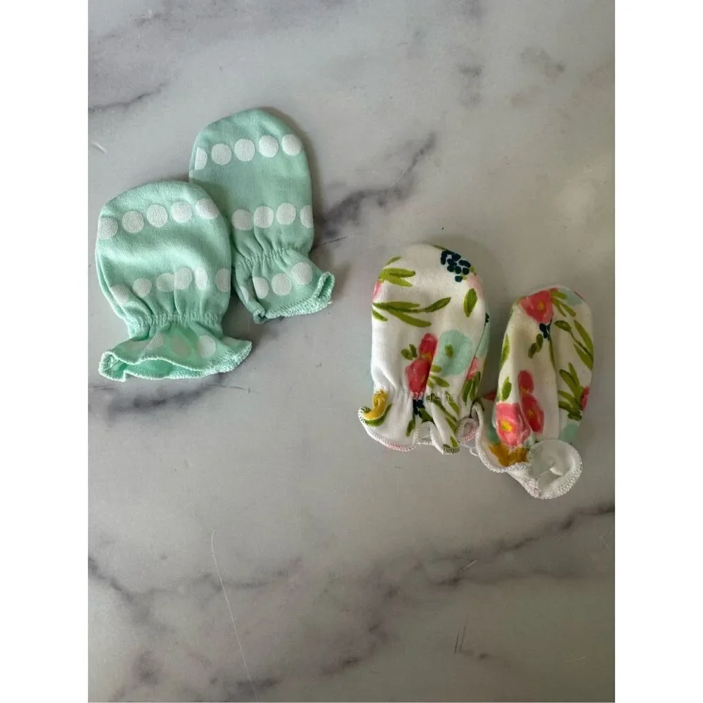 Baby girl mittens cotton set of 2 floral mint green